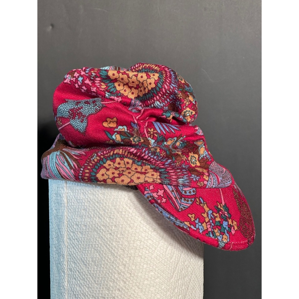 Red Floral Tapestry Newsboy Cap Slouchy Fleece Lined Winter Hat Boho 7in Opening
